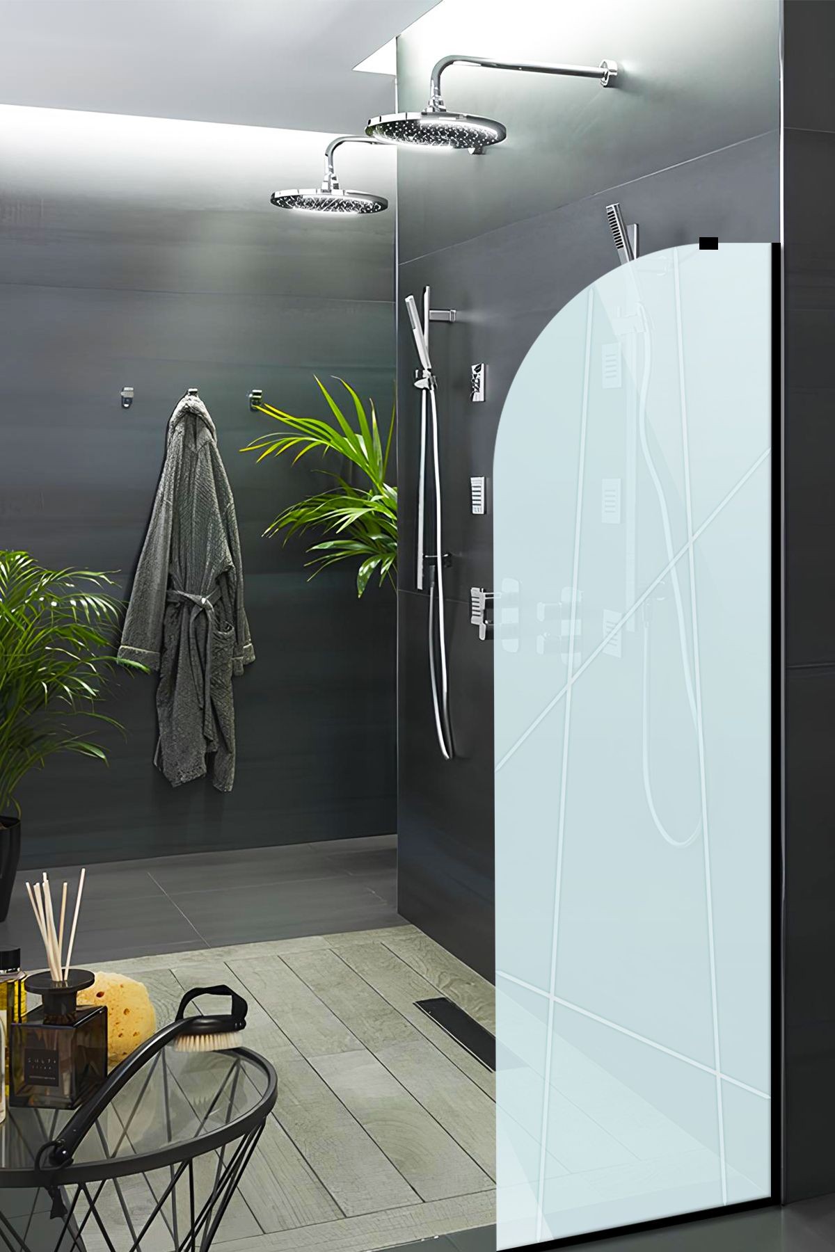 Cam Duşakabin Seperatör - Sabit Panel | Satina Cam - Şekilli Kanallı | Siyah Profil | 55cm x 190cm