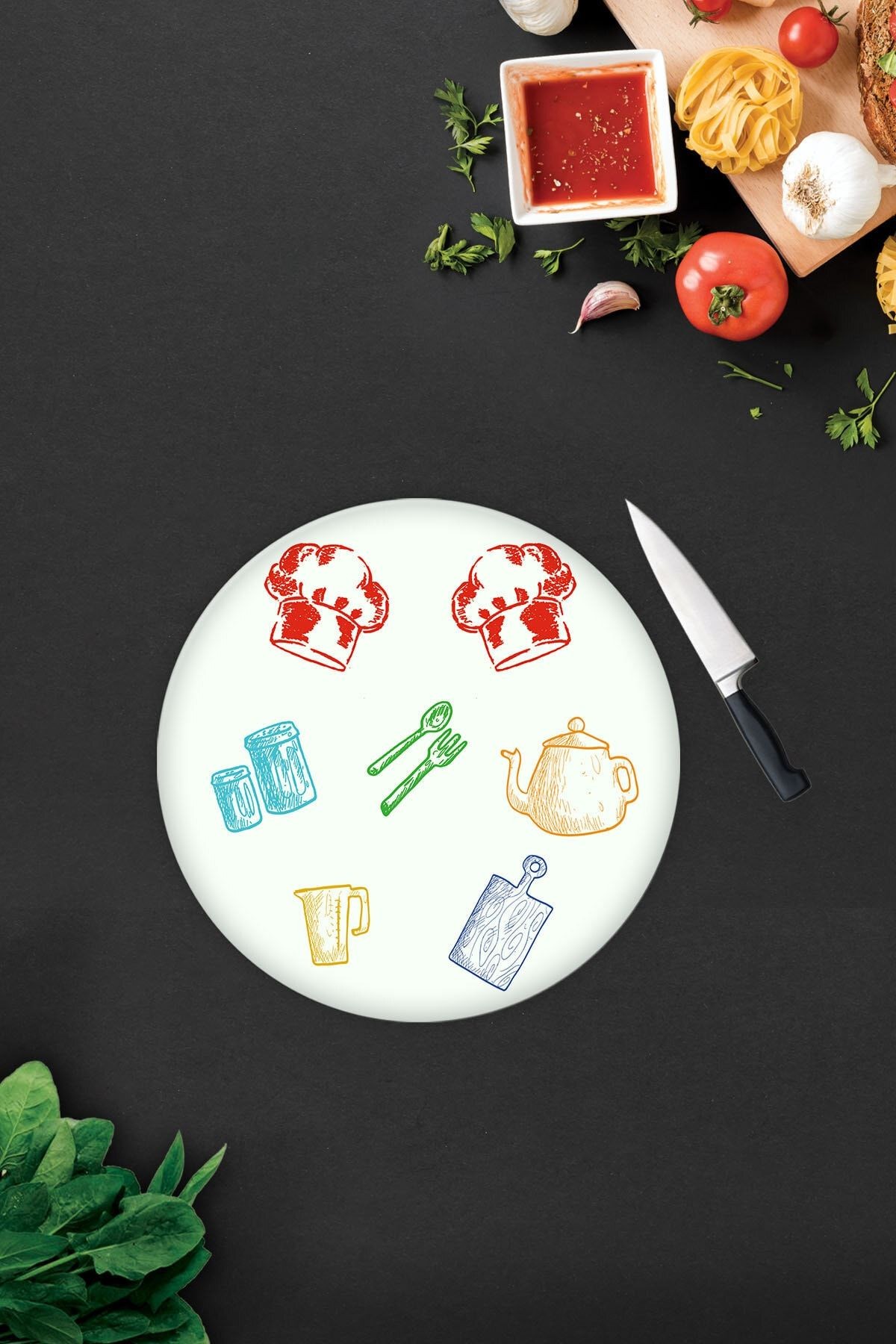 Renkli Tahta | Cam Kesme Tahtası - Cam Kesme Tablası | Beyaz Fon | Çap32 Cm