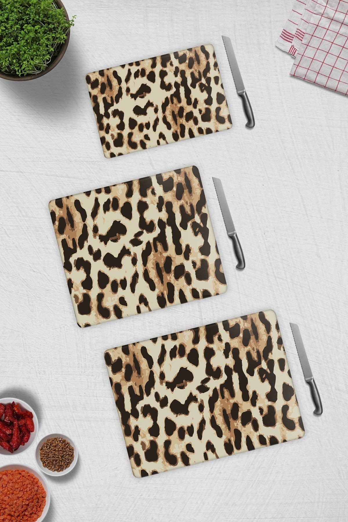 3'lü Takım Leopar Desenli | Cam Kesme Tahtası - Cam Kesme Tablası