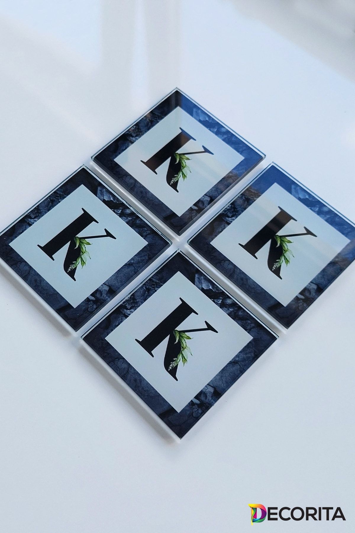 Cam Bardak Altlığı | Harfli Tasarım | 4'lü Takım | K | 10cm X 10cm
