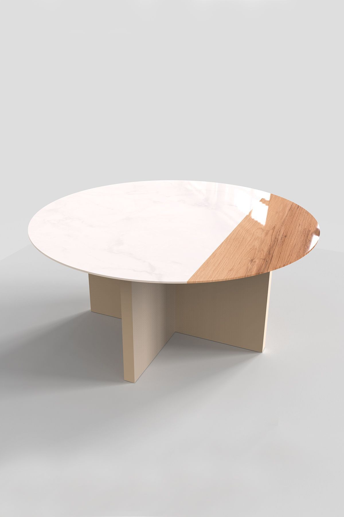 Cam Orta Sehpa | Modern Sehpa | Atlas - Vizon Renk Kaplama | Kenarı Ahşap Desenli | Çap90cm