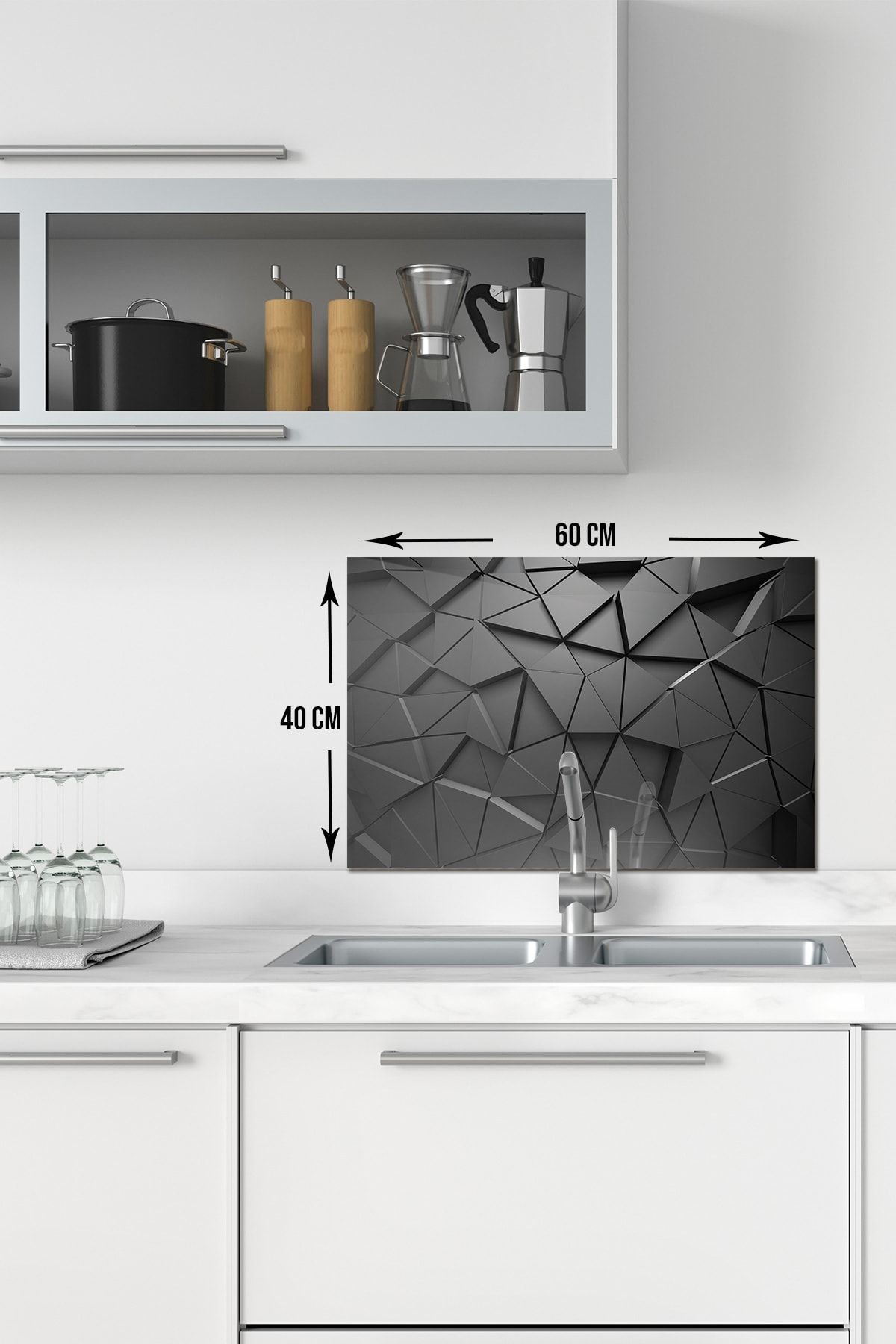 Antrasit Kristal Cam Musluk Arkası Koruyucu 40x60 cm