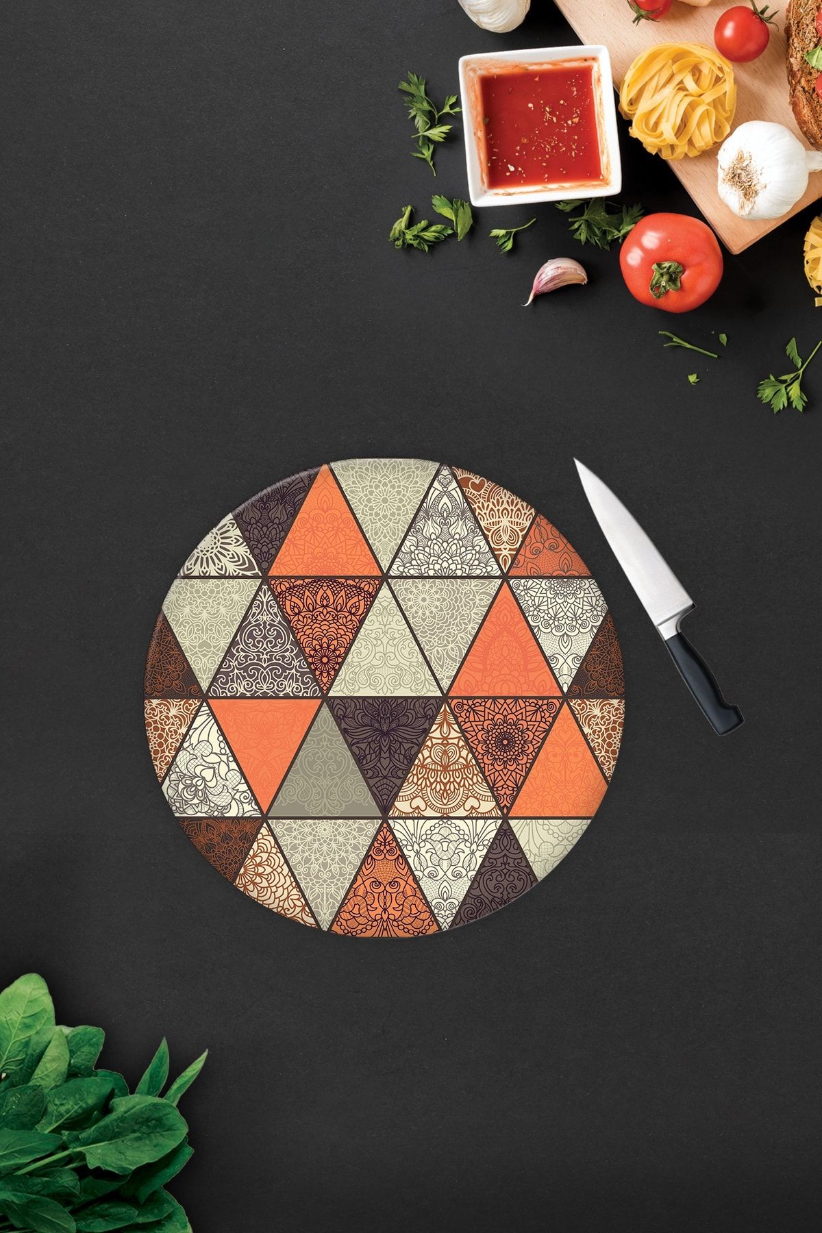 Toprak Tonları Mandala Desen | Cam Kesme Tahtası - Cam Kesme Tablası | Çap 32cm