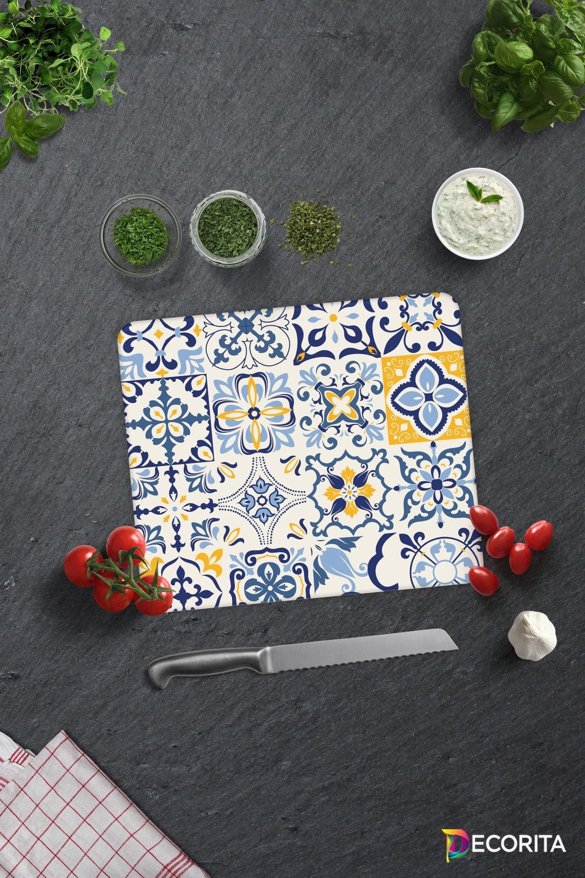 Mavi Çini Desen | Cam Kesme Tahtası - Cam Kesme Tablası | 29cm X 34cm