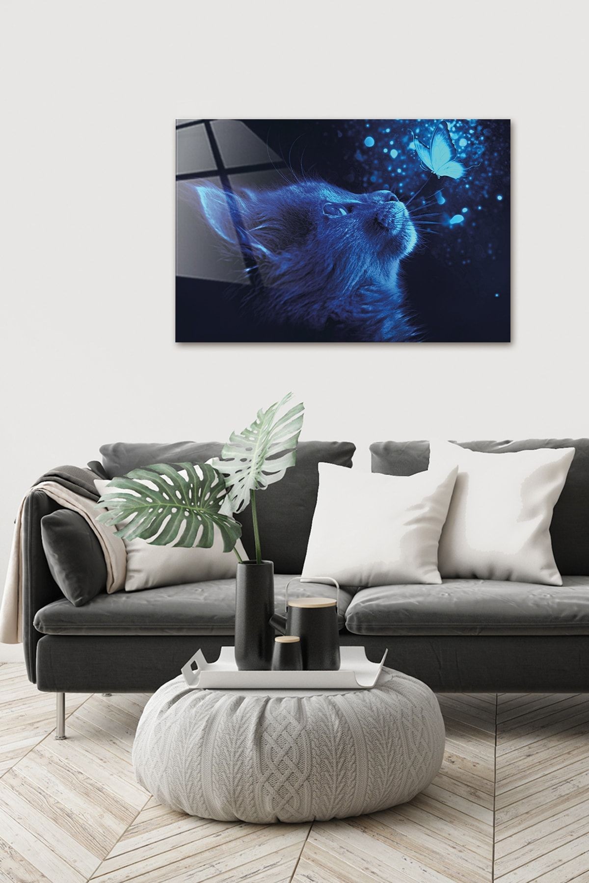 Hayvanlar | Cam Tablo | Kedi Ve Kelebek | 40cm X 60cm