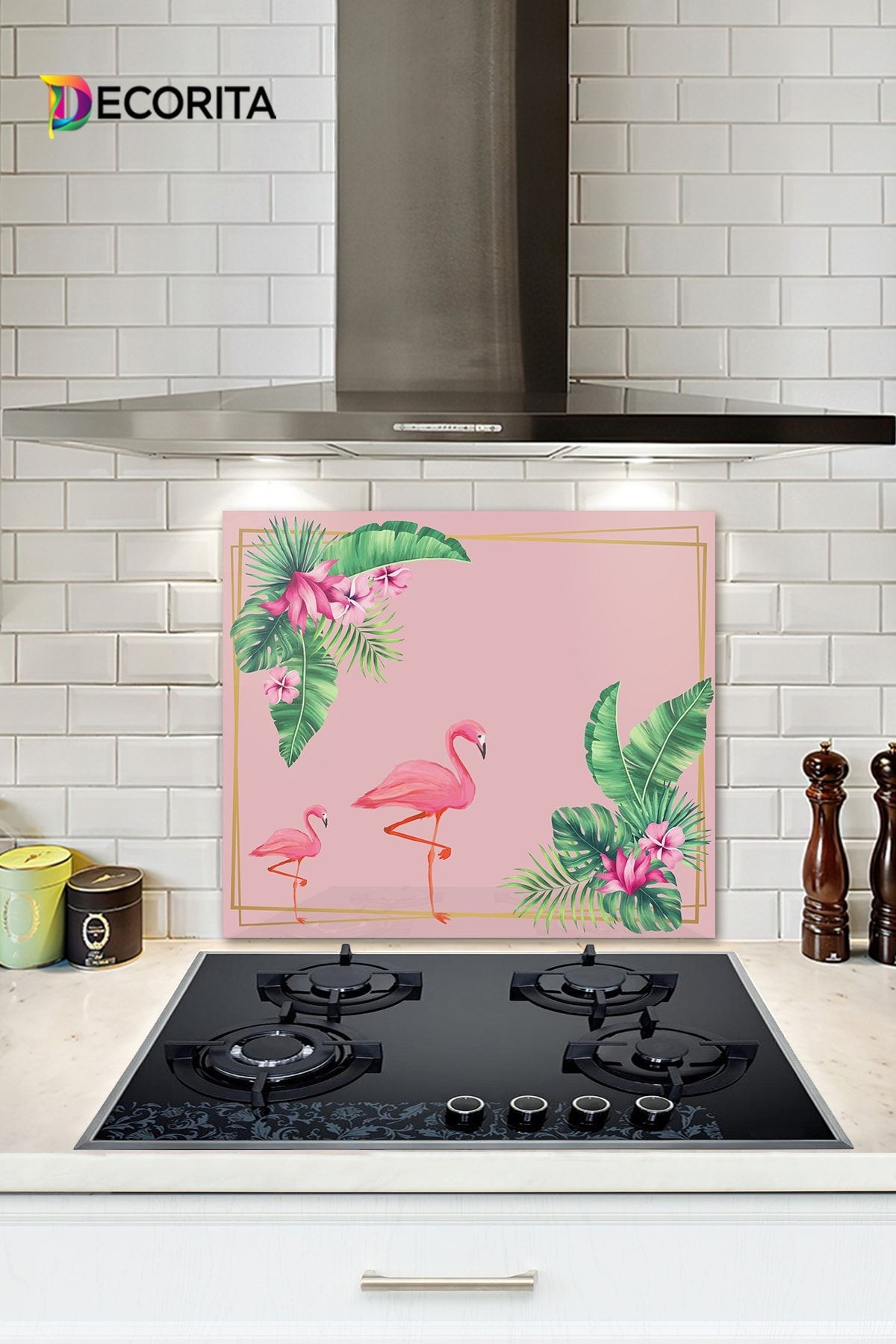 Cam Ocak Arkası Koruyucu | Tropik Yapraklar & Flamingo | 49,5cm X 76cm