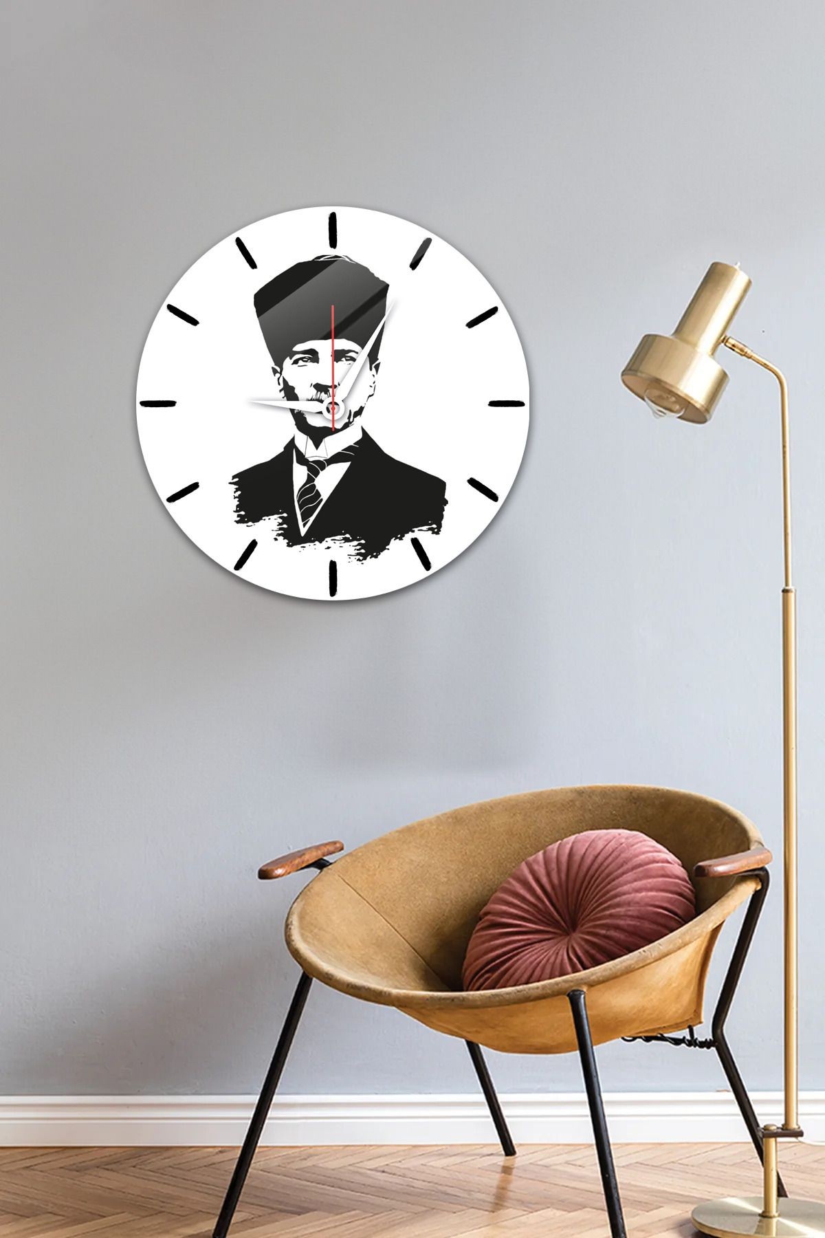 Cam Duvar Saati | Atatürk | Beyaz Fon | Çap40cm