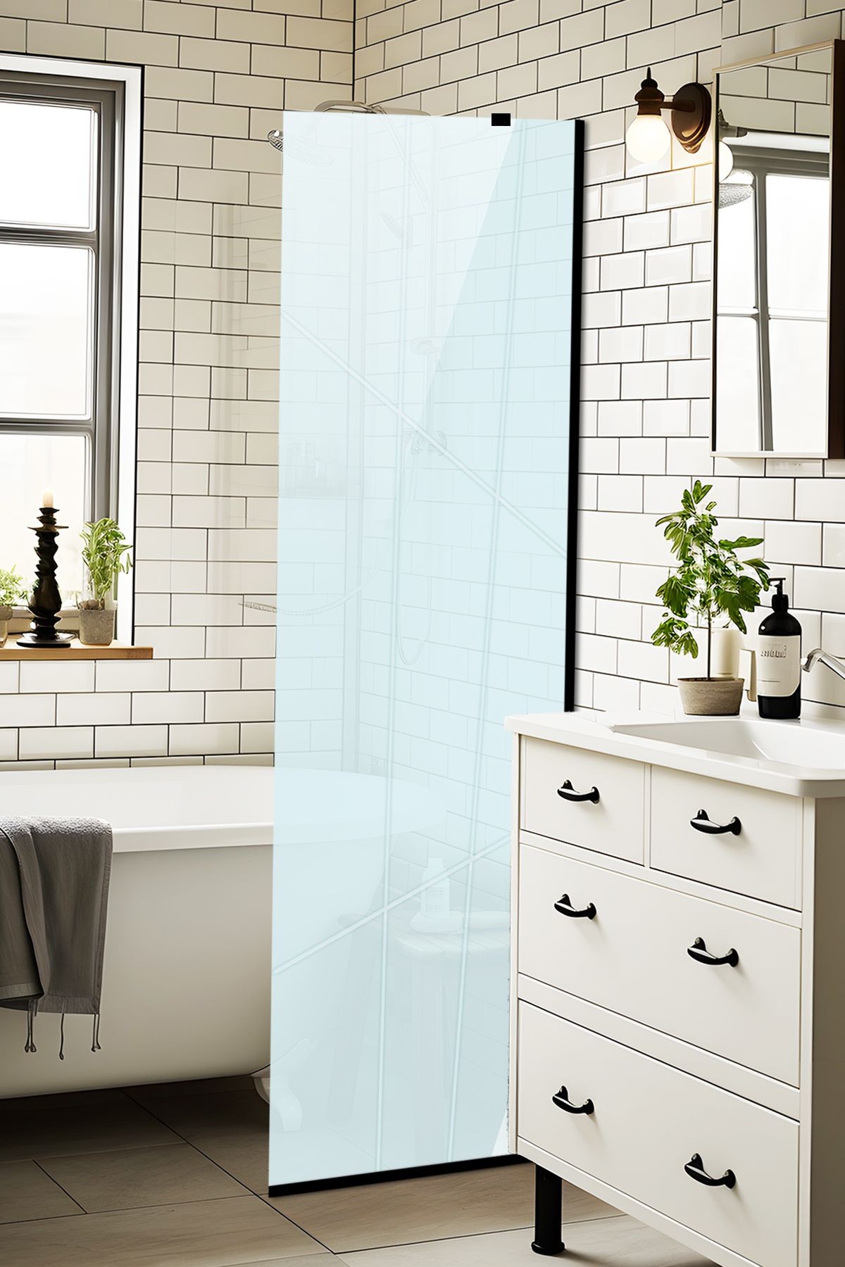 Cam Duşakabin Seperatör - Sabit Panel | Satina Cam - Kanallı | Siyah Profil | 55cm x 190cm