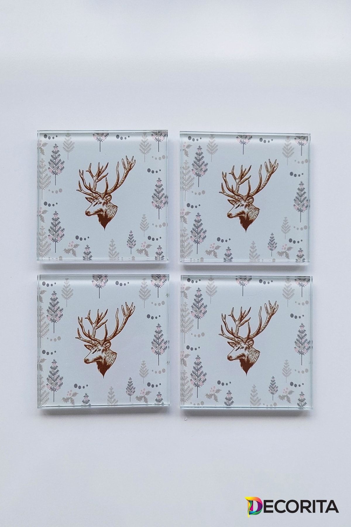 Cam Bardak Altlığı | 4'lü Takım Cervus Deer | 10cm X 10cm