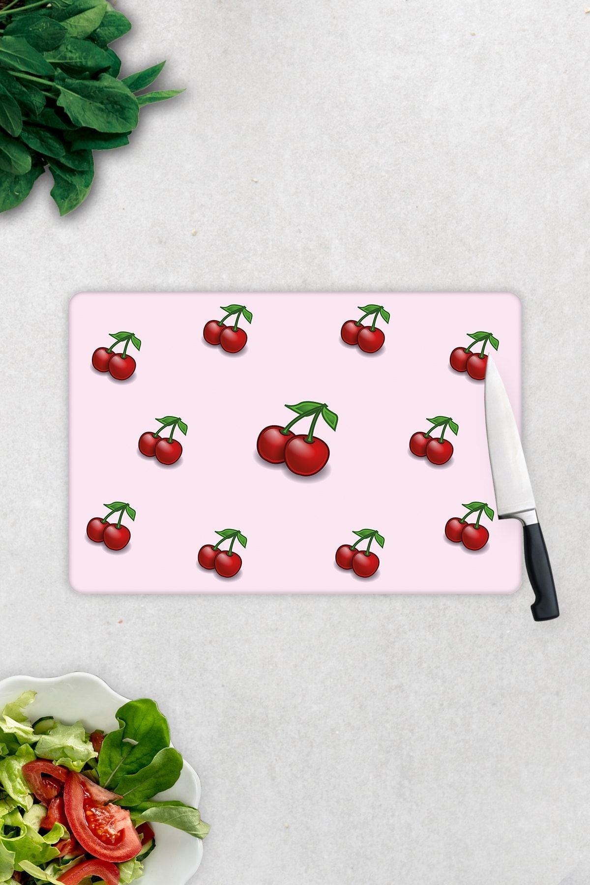 Pembe Dokulu Kiraz Desenli | Cam Kesme Tahtası - Cam Kesme Tablası | 20cm X 30cm