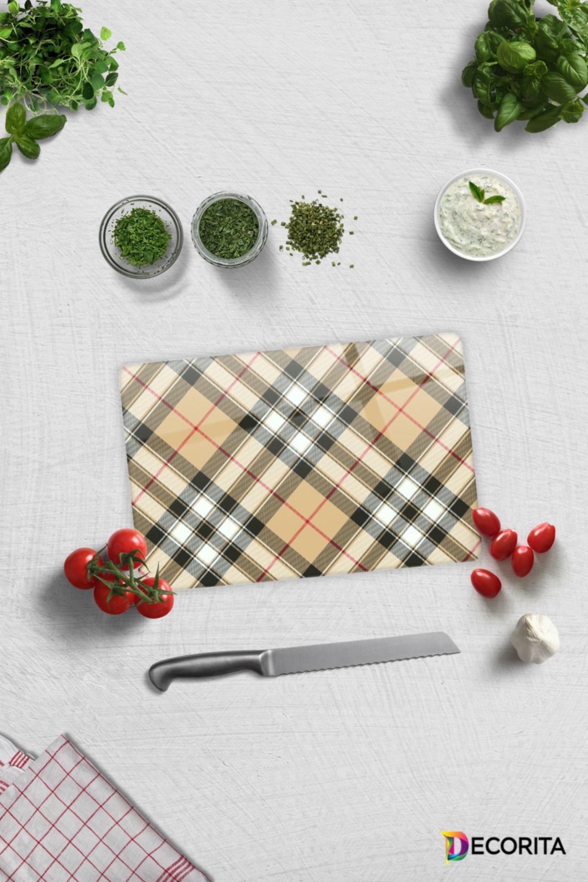 Cam Kesme Tahtası - Cam Kesme Tablası | Krem Ekose Desen | 20cm X 30cm