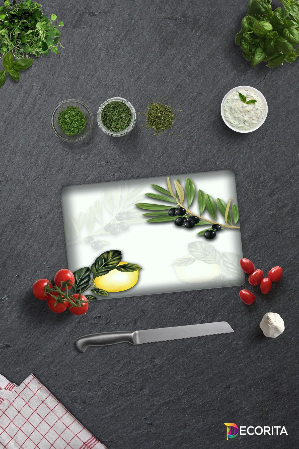 Zeytin Ve Limon Desen | Cam Kesme Tahtası - Cam Kesme Tablası | 20cm X 30cm