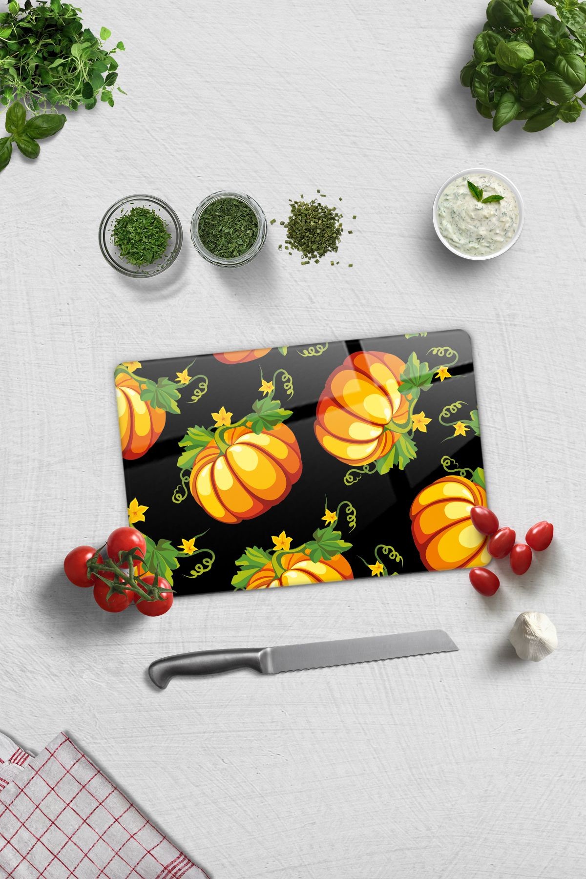 Cam Kesme Tahtası - Cam Kesme Tablası | Balkabağı Siyah Fon | 20cm x 30cm