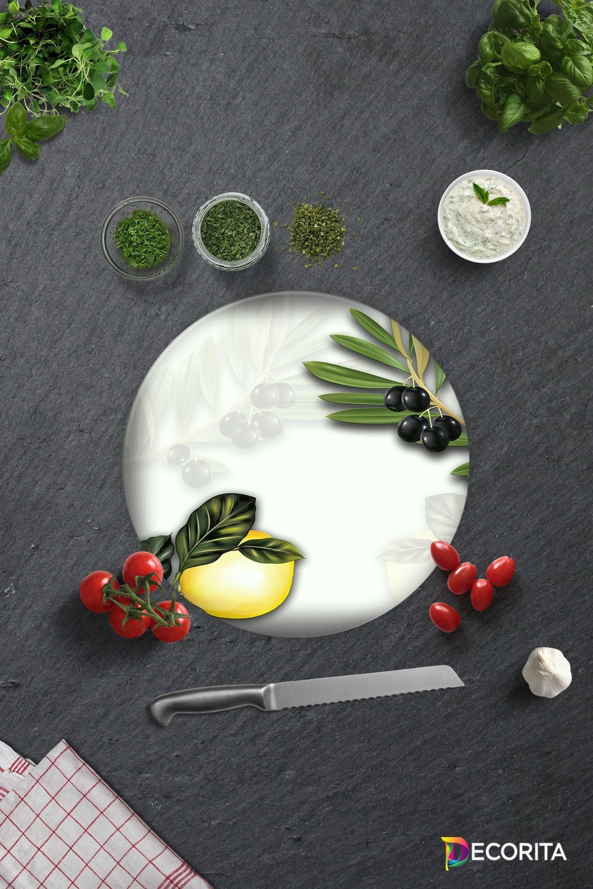 Zeytin Ve Limon Desen | Cam Kesme Tahtası - Cam Kesme Tablası | Çap32 Cm