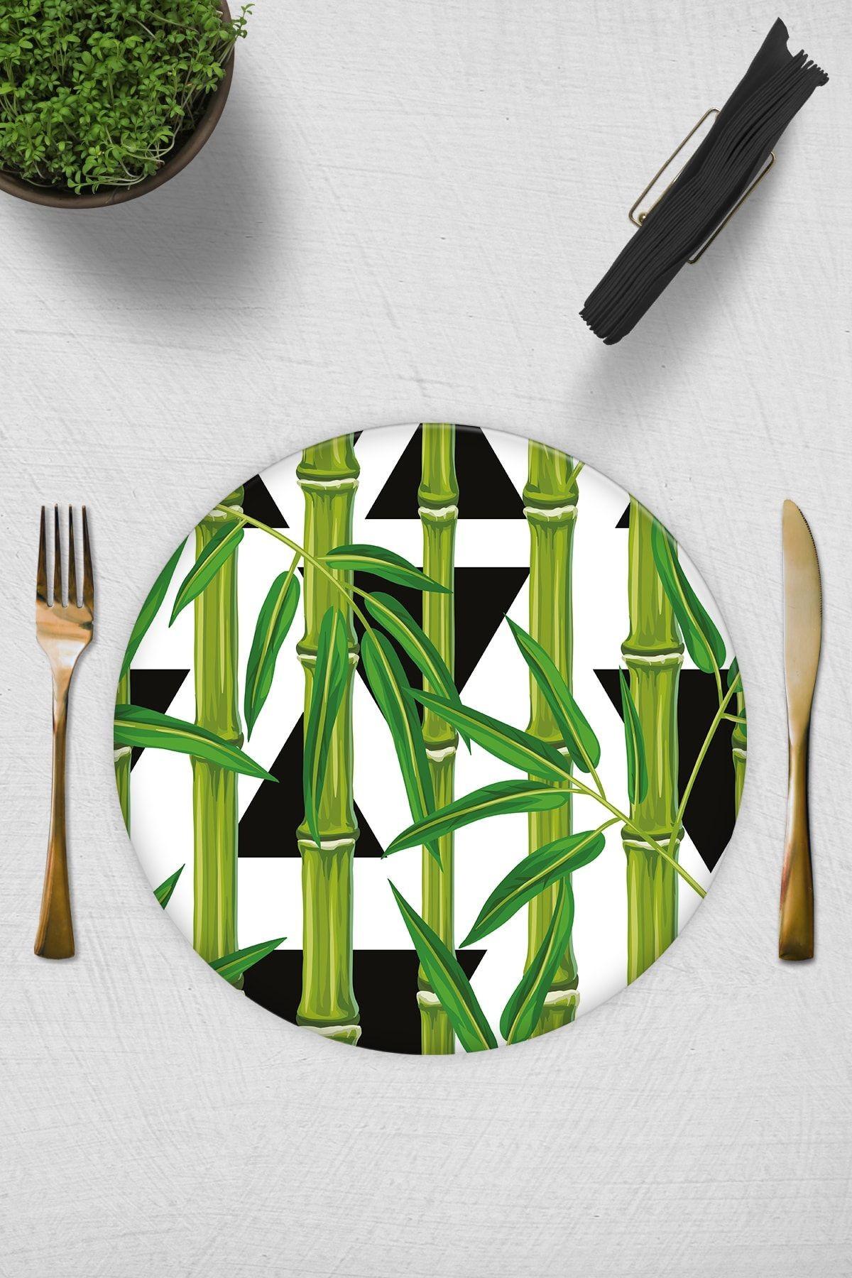 2'li Takım Bamboo Desen | Cam Tabak - Kahvaltı Tabağı - Pasta Tabağı | Çap32cm