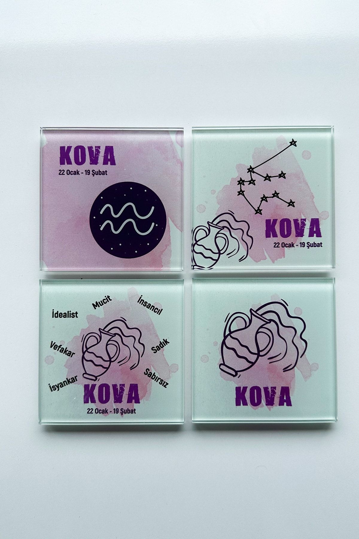 Cam Bardak Altlığı | Burçlar - Kova Burcu | 4'lü Takım | 10cm X 10cm