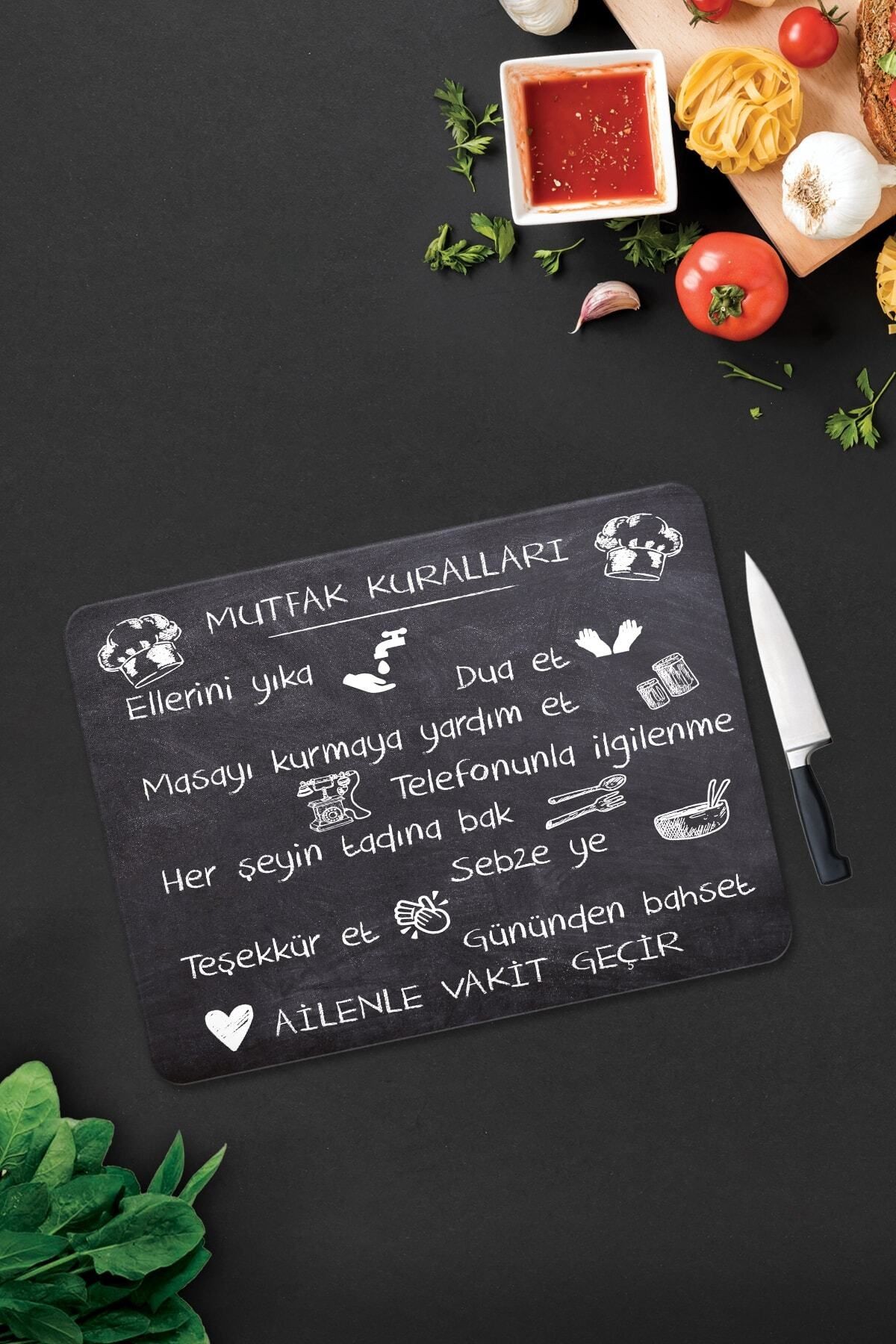 Mutfak Kuralları - Kara Tahta Görünümlü | Cam Kesme Tahtası - Cam Kesme Tablası | 30cm X 40cm