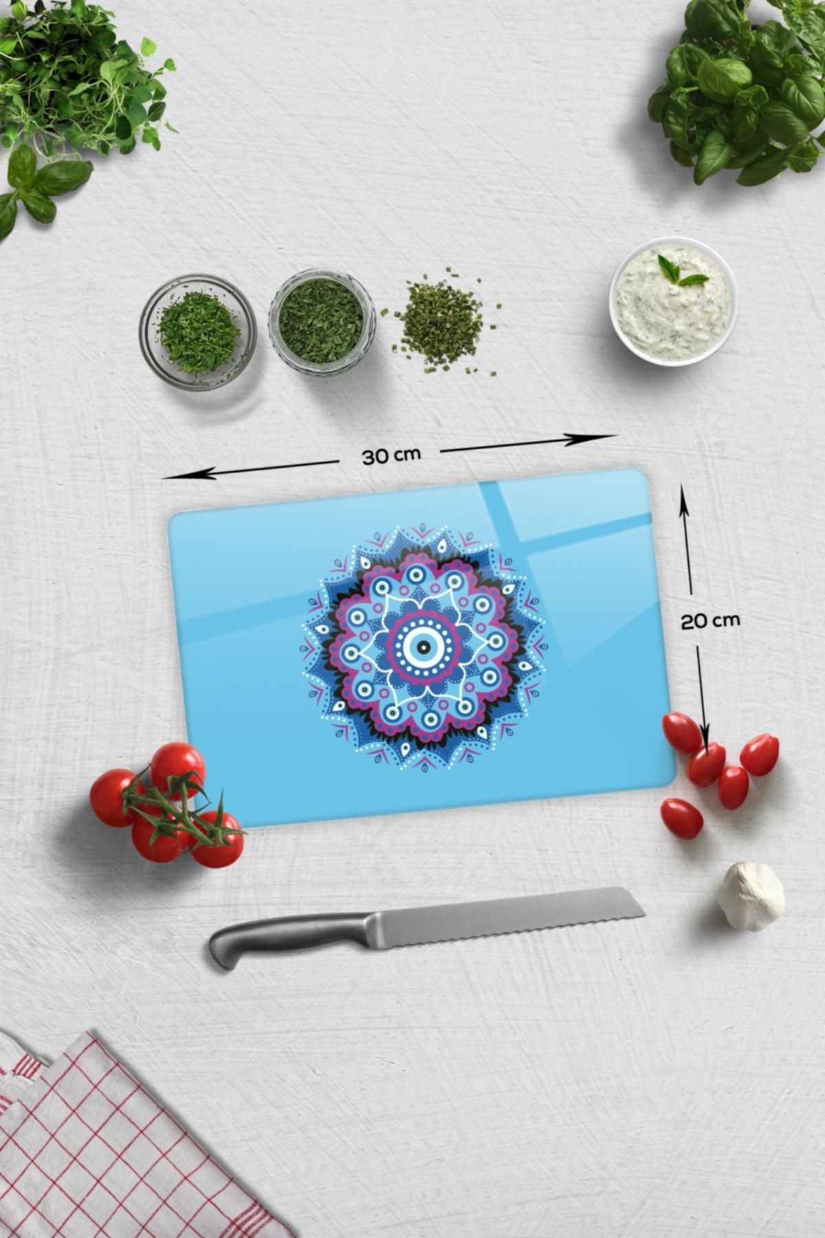 Cam Kesme Tahtası - Cam Kesme Tablası | Turkuaz Nazar Boncuğu | 20cm X 30cm