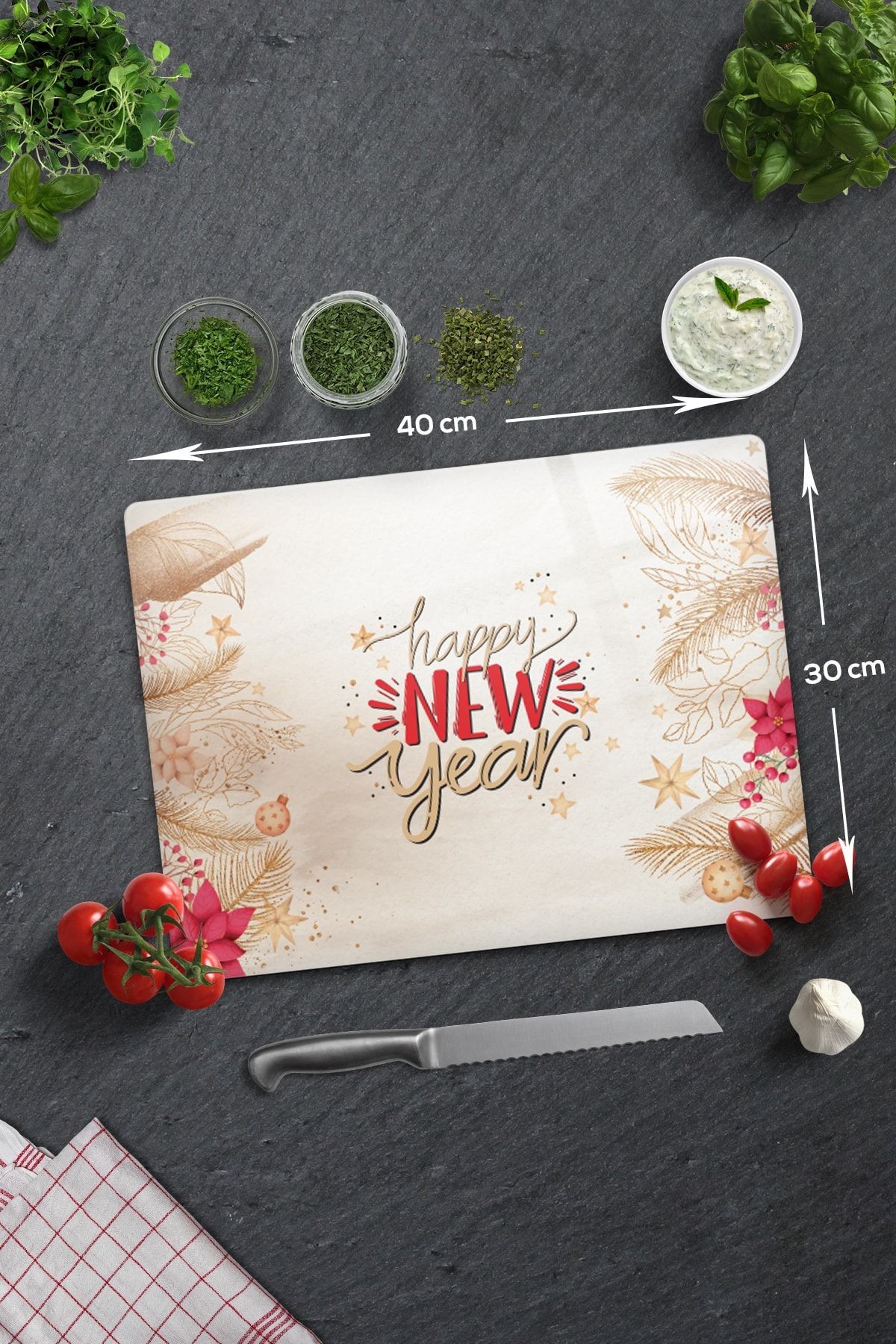Cam Kesme Tahtası - Cam Kesme Tablası | Happy New Year - Gold | 30cm X 40cm