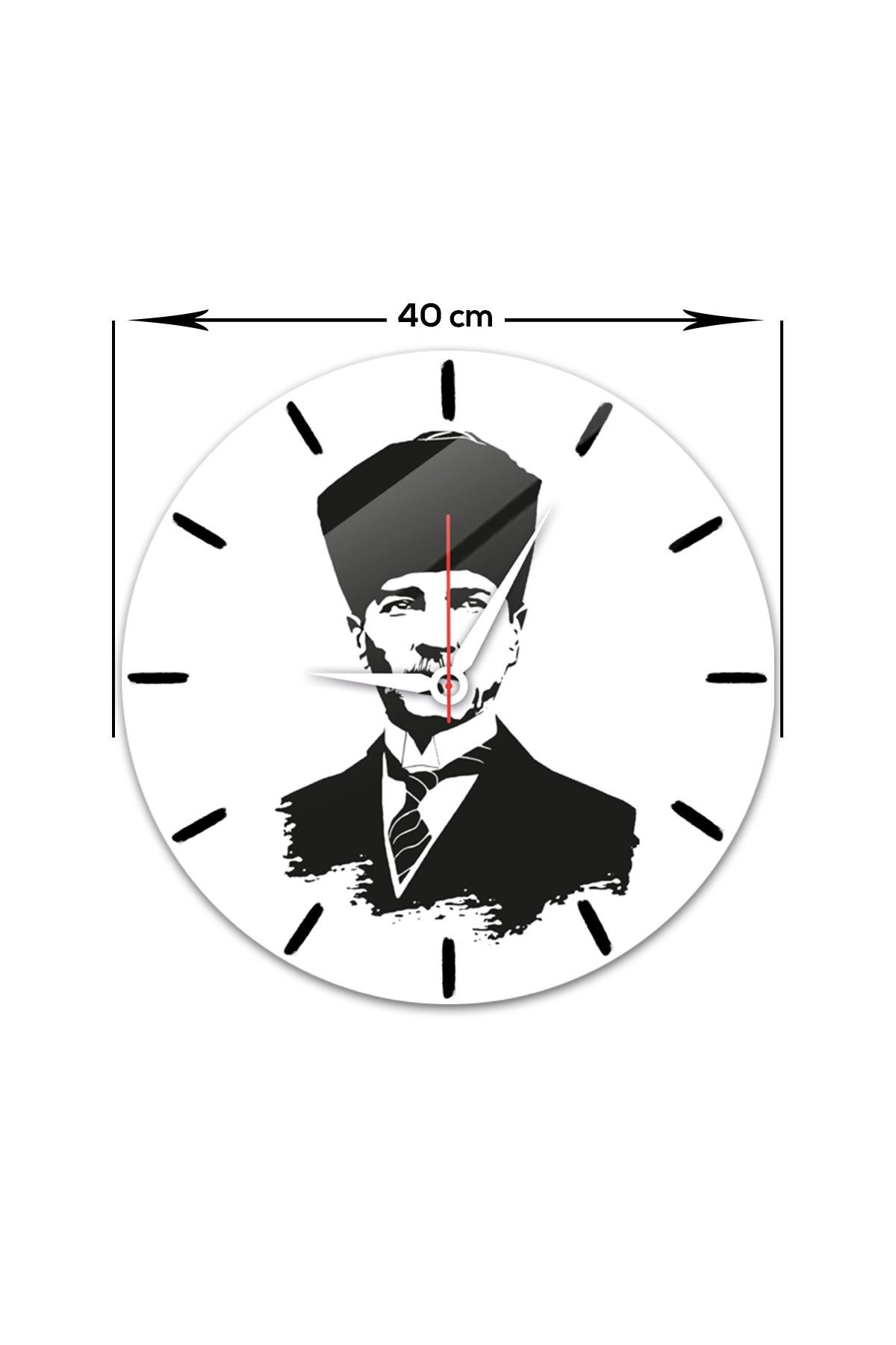 Cam Duvar Saati | Atatürk | Beyaz Fon | Çap40cm