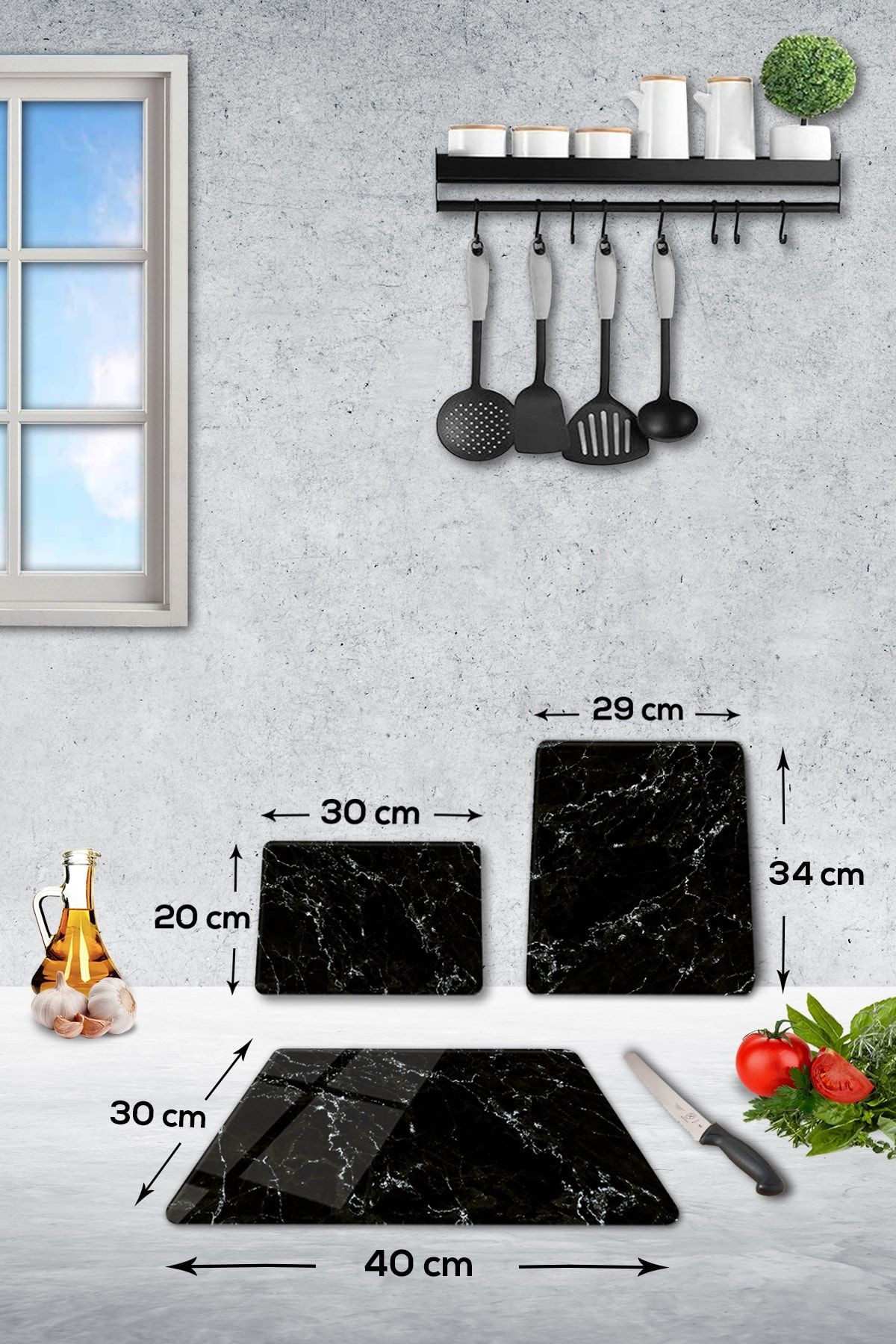 3'lü Takım Siyah Mermer Görünümlü | Cam Kesme Tahtası - Cam Kesme Tablası