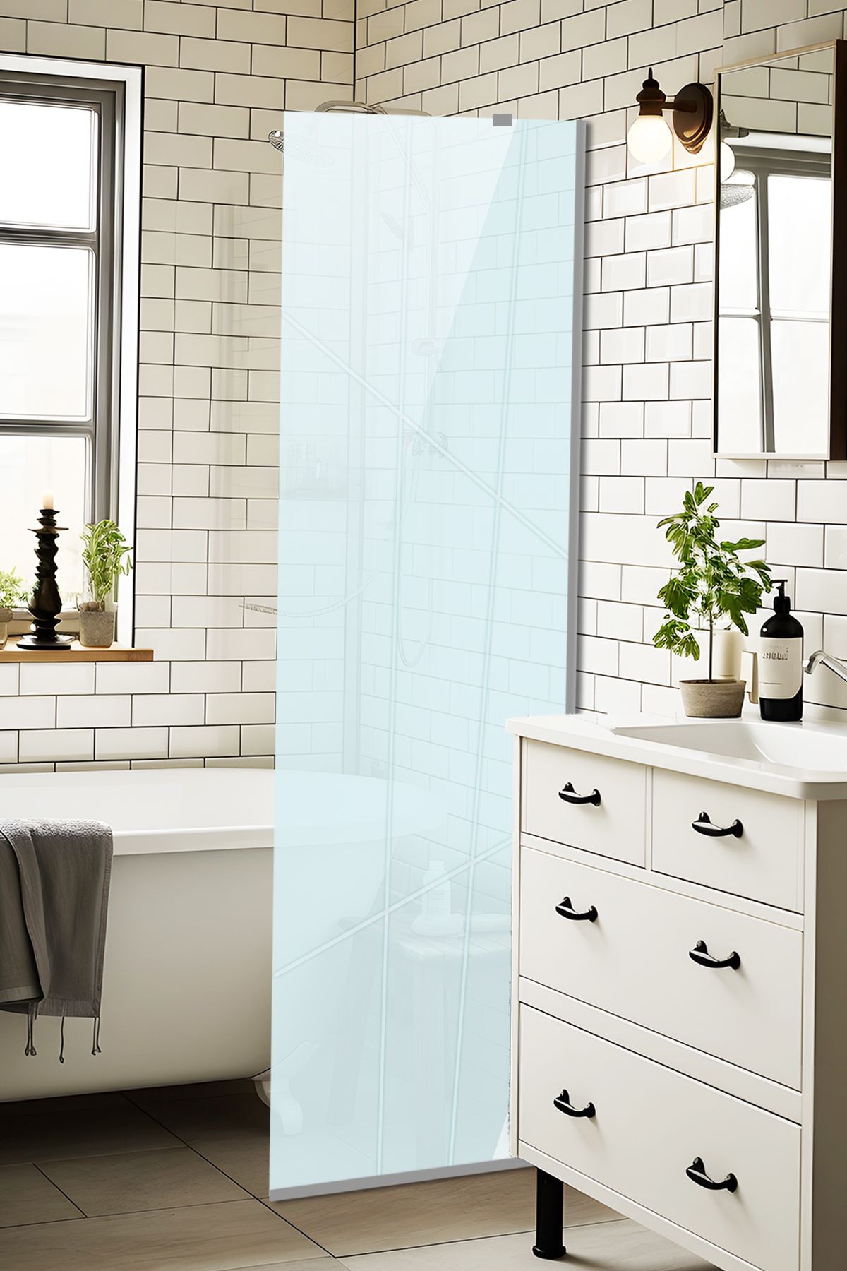 Cam Duşakabin Seperatör - Sabit Panel | Satina Cam - Kanallı | Metalik Parlak Profil | 55cm x 190cm