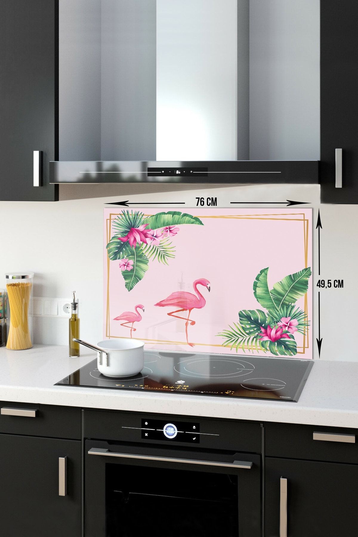 Cam Ocak Arkası Koruyucu | Tropik Yapraklar & Flamingo | 49,5cm X 76cm