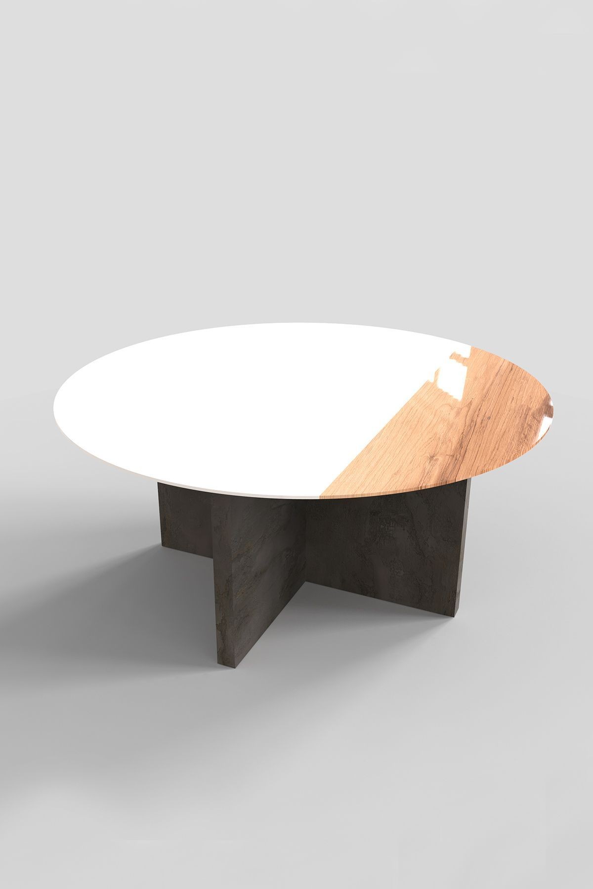 Cam Orta Sehpa | Modern Sehpa | Atlas - Taş Desen Kaplama | Kenarı Ahşap Desenli | Çap90cm