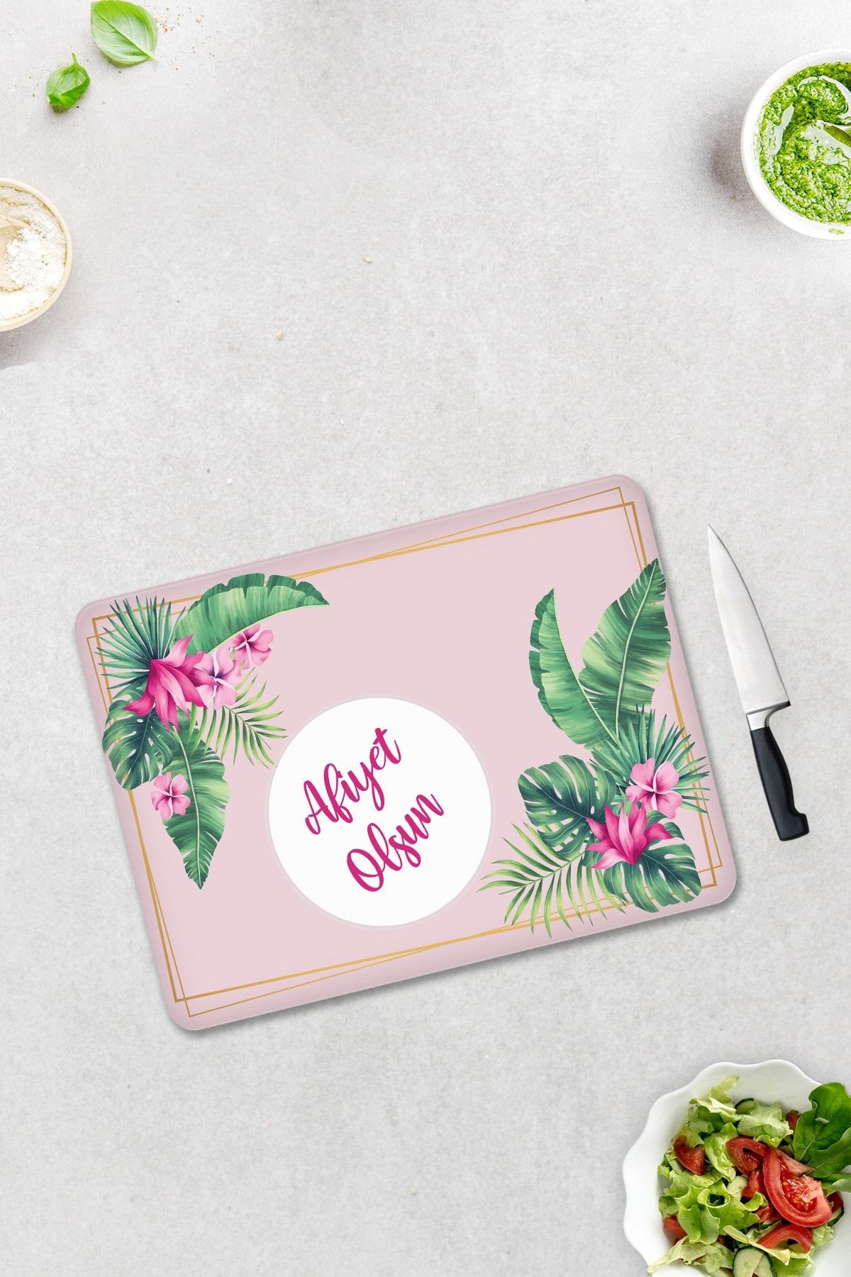 Bon Appetit | Tropik Flamingo | Cam Kesme Tahtası - Cam Kesme Tablası | 30cm X 40cm