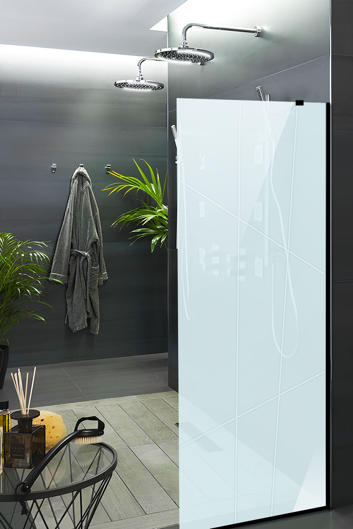 Cam Duşakabin Seperatör - Sabit Panel | Satina Cam - Kanallı | Siyah Profil | 70cm x 190cm