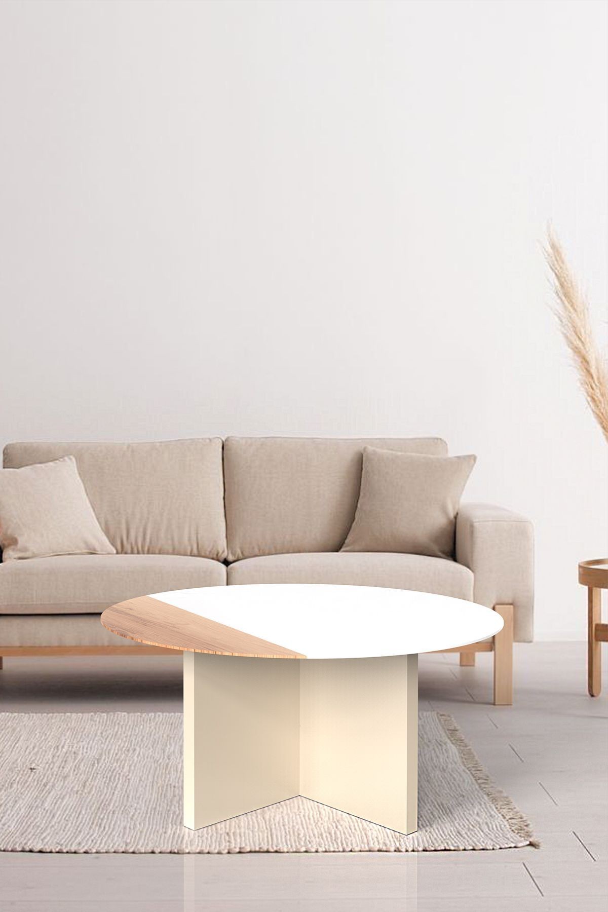 Cam Orta Sehpa | Modern Sehpa | Atlas - Vizon Renk Kaplama | Kenarı Ahşap Desenli | Çap90cm