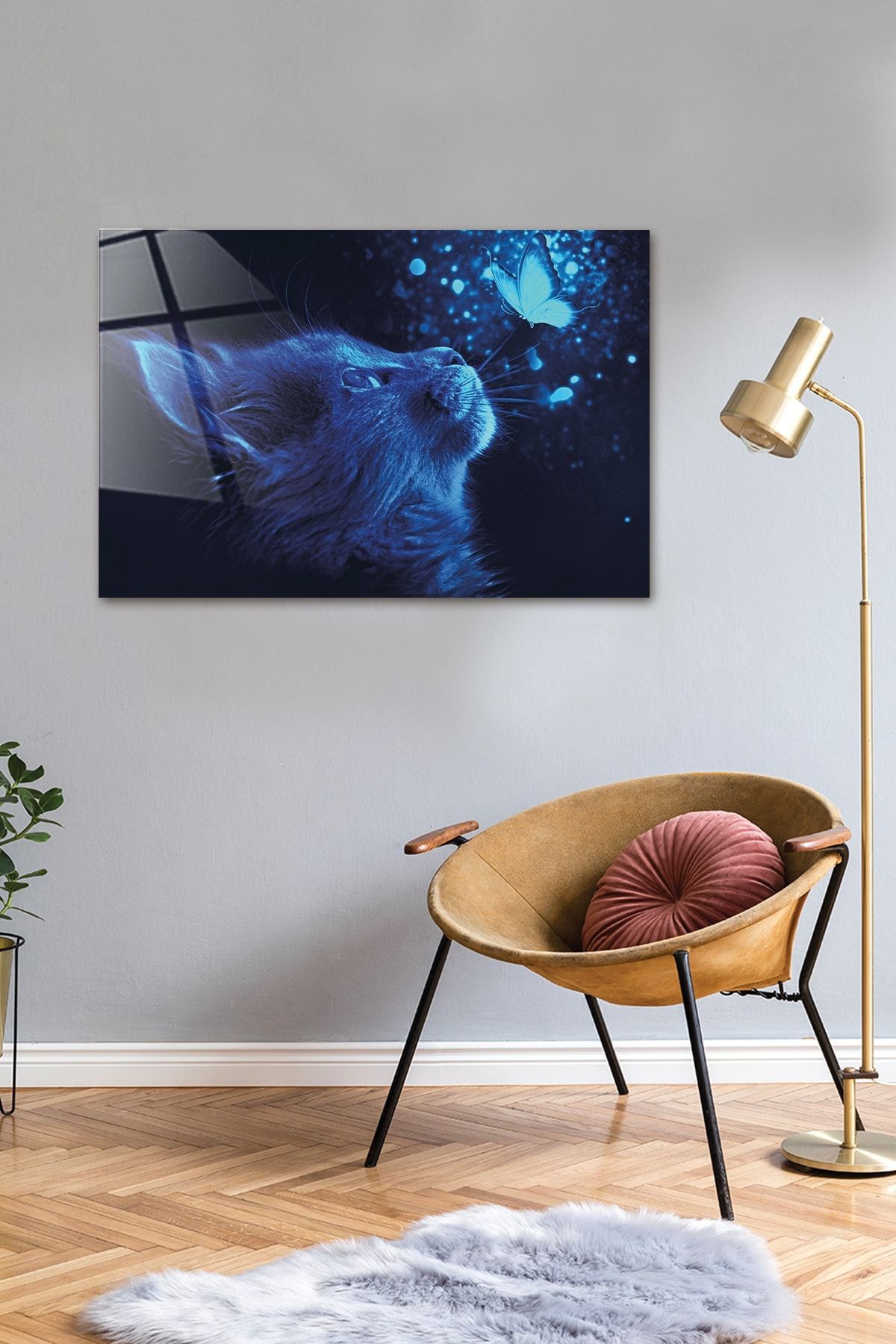 Hayvanlar | Cam Tablo | Kedi Ve Kelebek | 40cm X 60cm