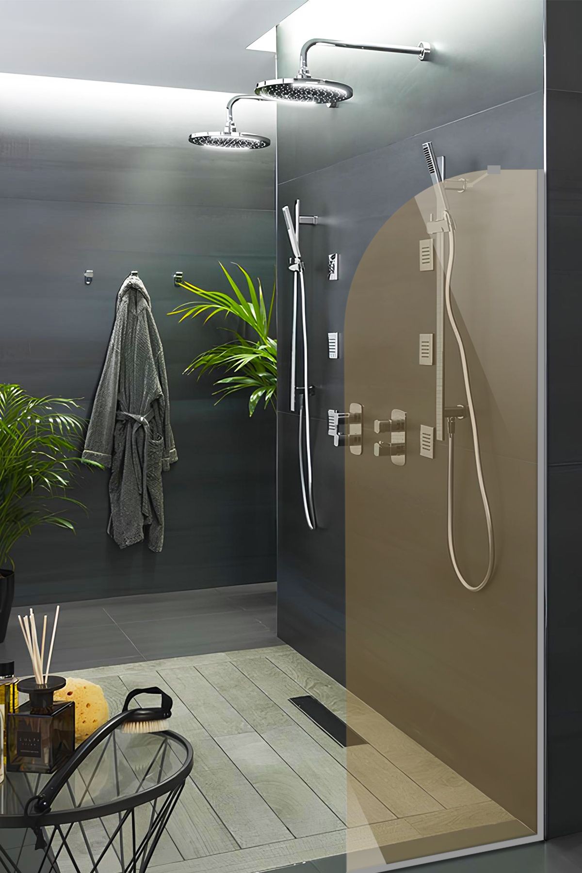 Cam Duşakabin Seperatör - Sabit Panel | Bronz Cam - Şekilli | Metalik Parlak Profil | 55cm x 190cm