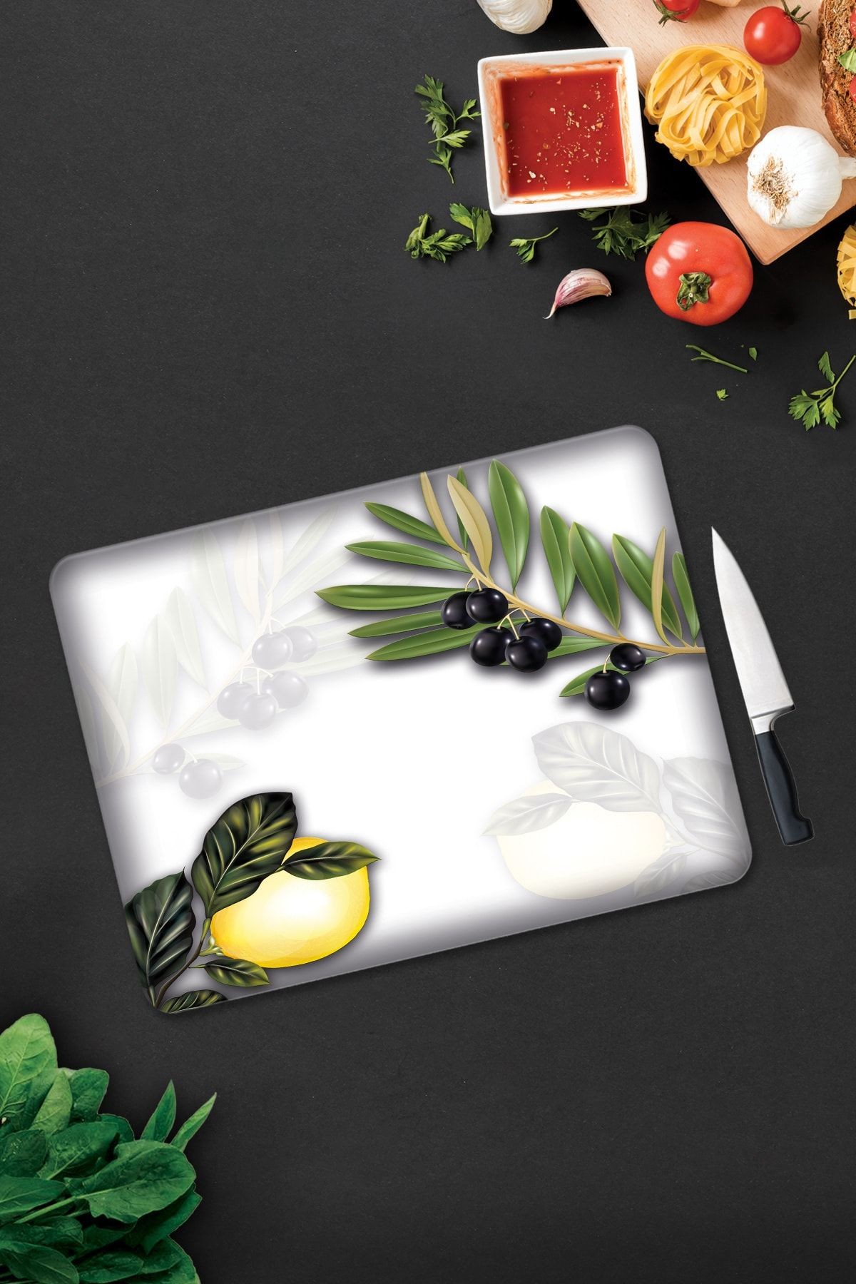 Zeytin Ve Limon Desen | Cam Kesme Tahtası - Cam Kesme Tablası | 30cm X 40cm