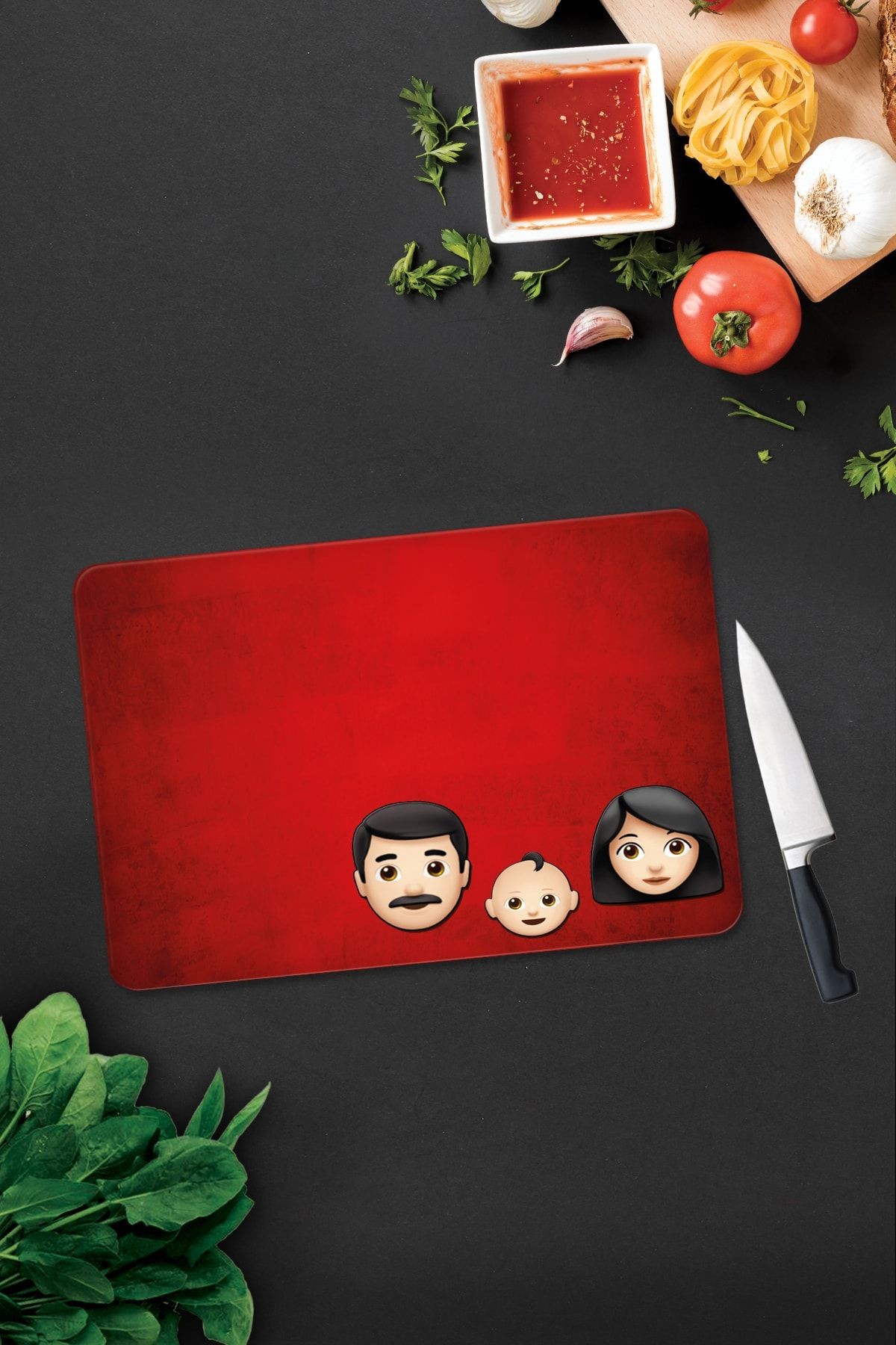 Emoji Ailesi Anne & Baba & Çocuk | Cam Kesme Tahtası - Cam Kesme Tablası | 30cm X 40cm