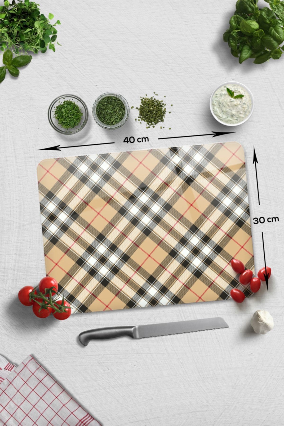Cam Kesme Tahtası - Cam Kesme Tablası | Krem Ekose Desen | 30cm X 40cm