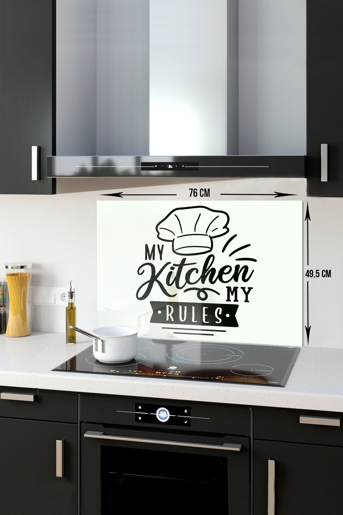 Cam Ocak Arkası Koruyucu | Beyaz Fon - My Kitchen My Rules | 49,5cm X 76cm