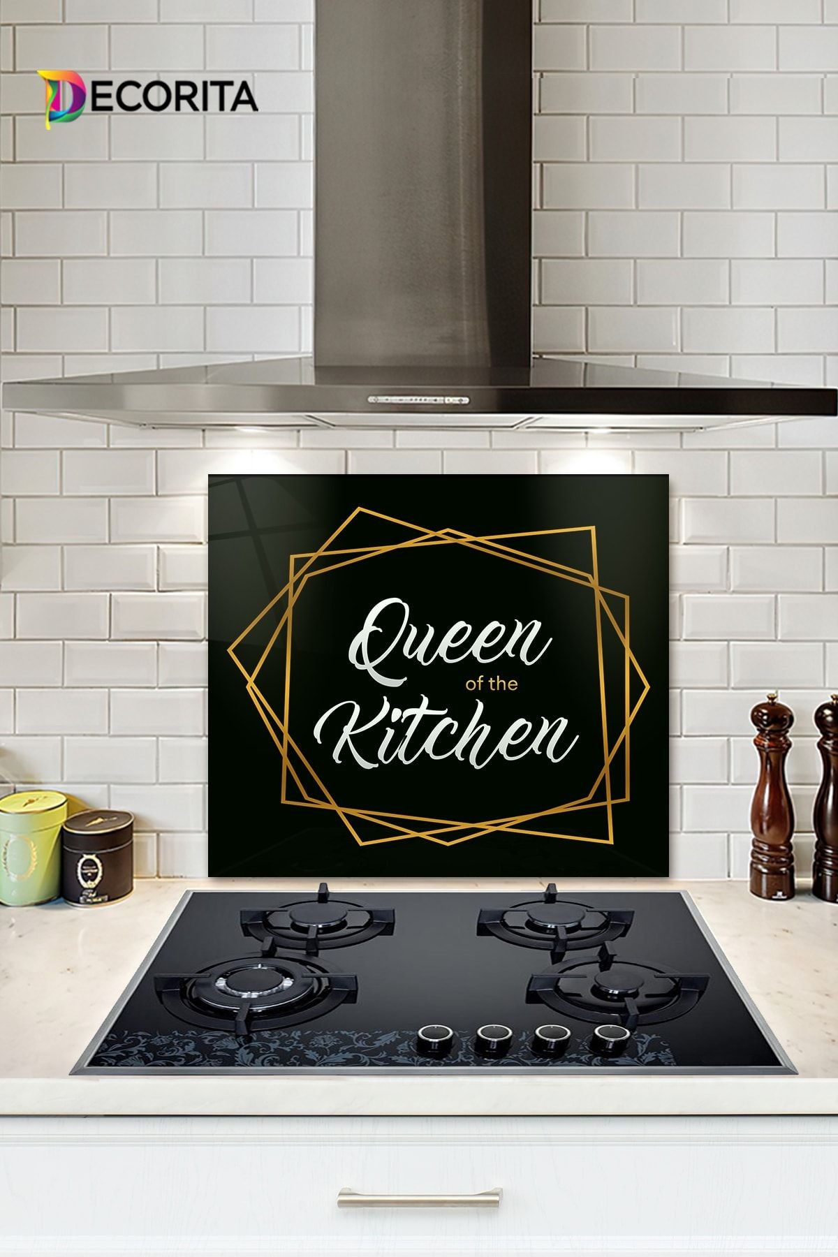 Cam Ocak Arkası Koruyucu | Queen Of The Kitchen - Siyah | 52cm X 60cm
