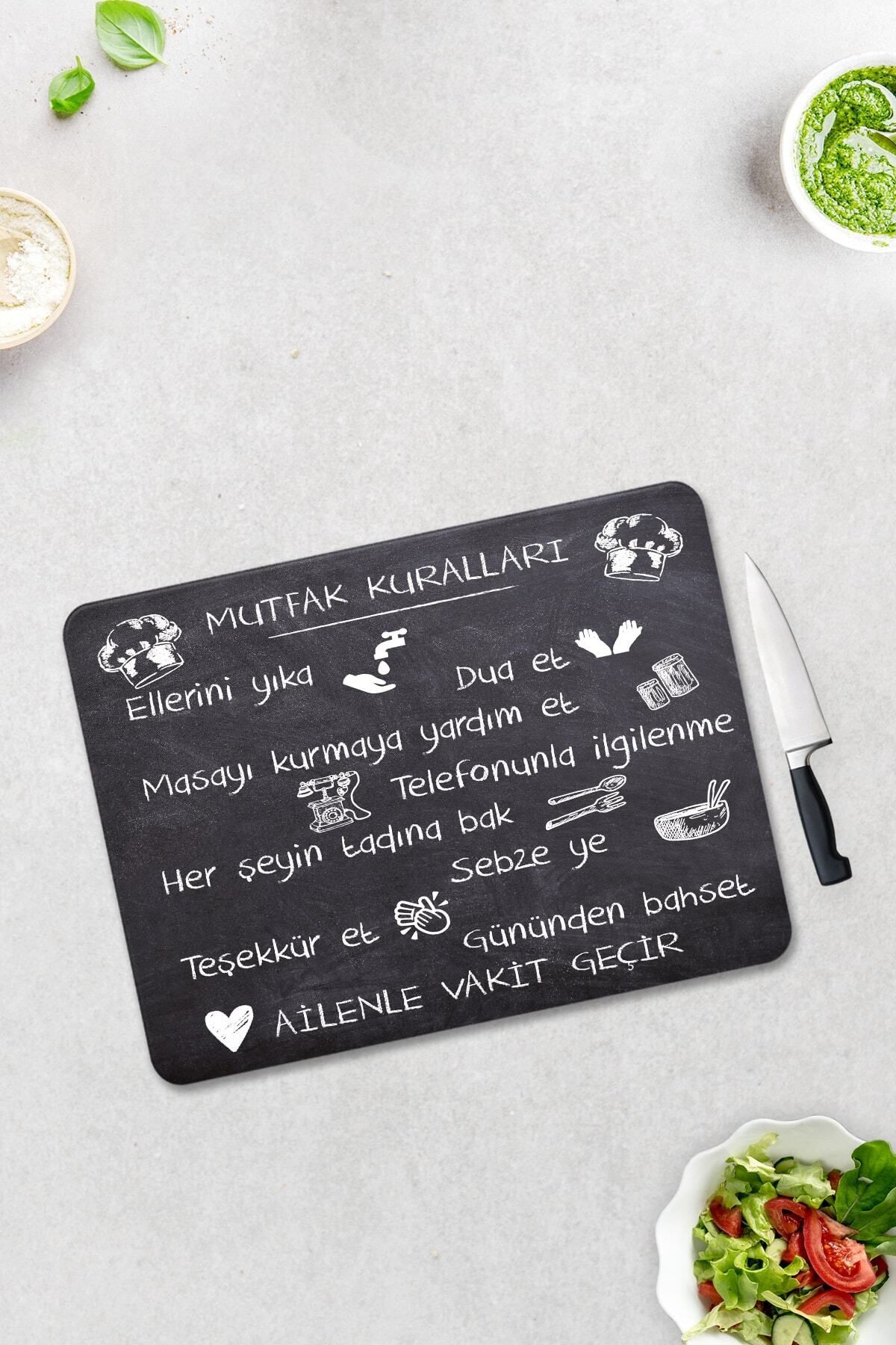Mutfak Kuralları - Kara Tahta Görünümlü | Cam Kesme Tahtası - Cam Kesme Tablası | 30cm X 40cm