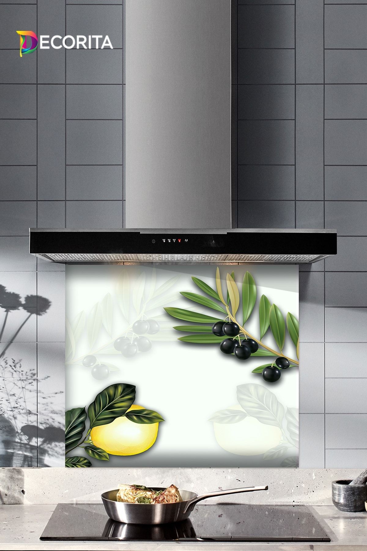 Cam Ocak Arkası Koruyucu | Zeytin Ve Limon Desen | 52cm X 60cm