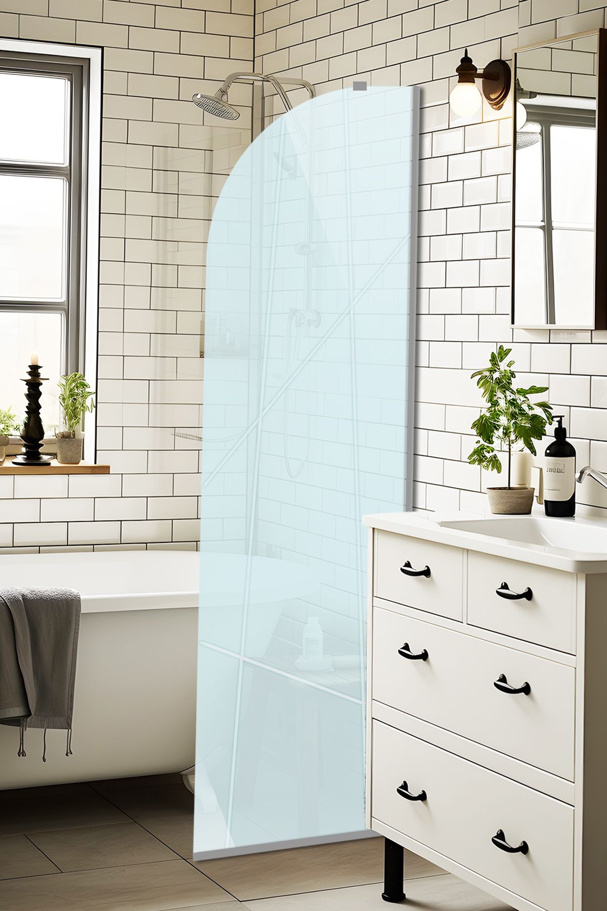 Cam Duşakabin Seperatör-Sabit Panel|Satina Cam-Şekilli Kanallı | Metalik Parlak Profil |55cm x 190cm