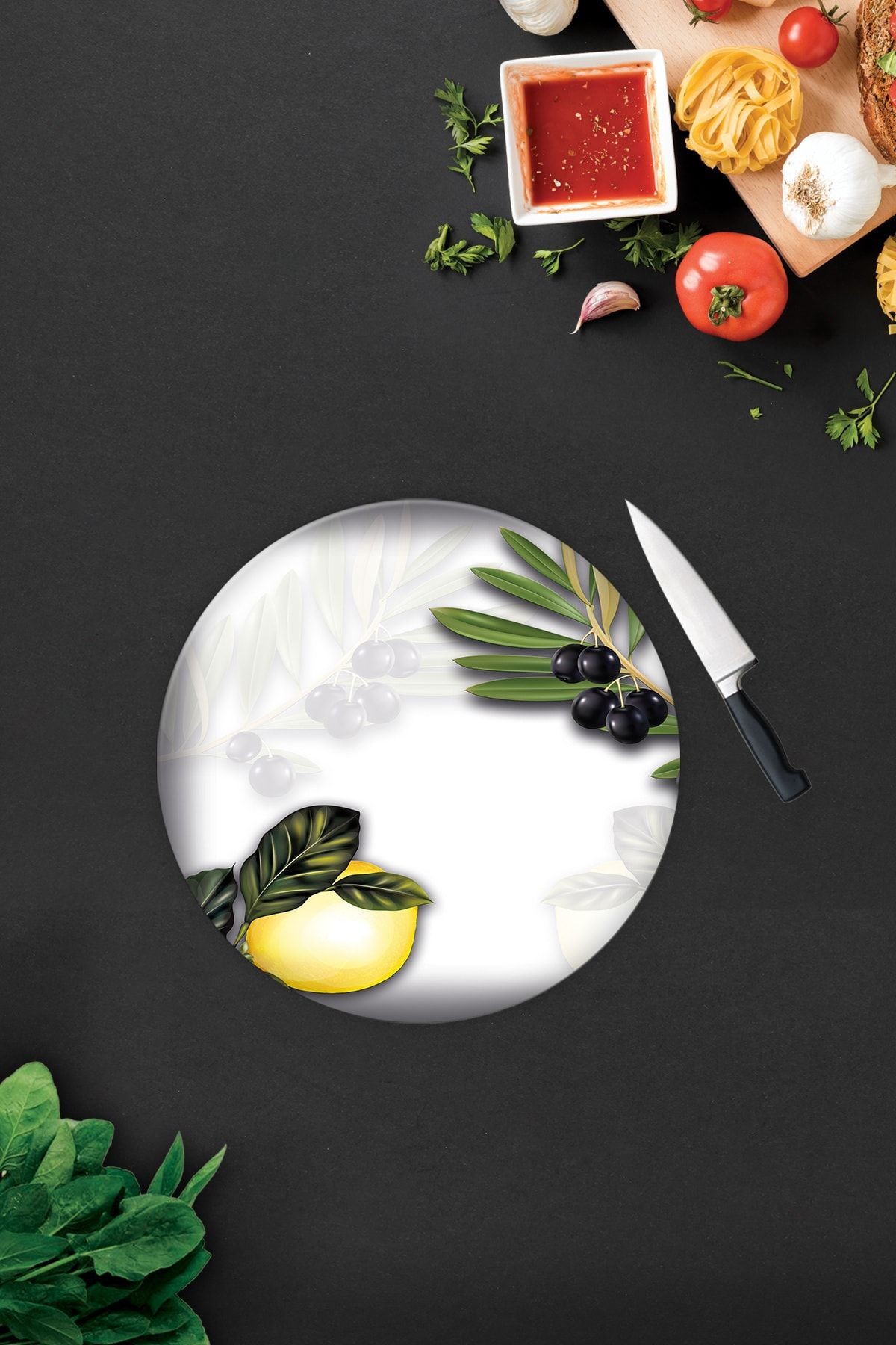 Zeytin Ve Limon Desen | Cam Kesme Tahtası - Cam Kesme Tablası | Çap32 Cm
