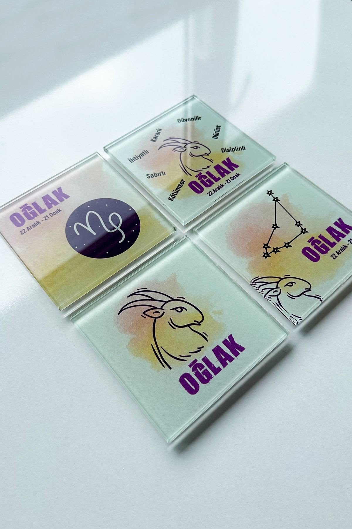 Cam Bardak Altlığı | Burçlar - Oğlak Burcu | 4'lü Takım | 10cm X 10cm