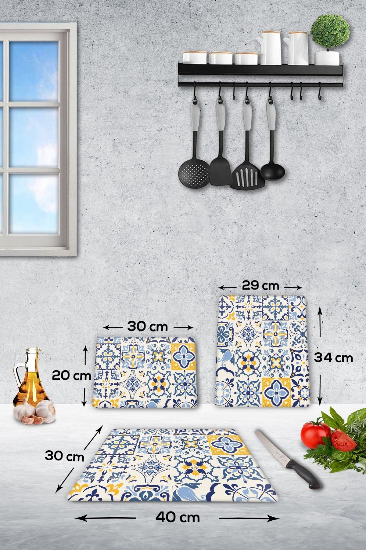 3'lü Takım Mavi Çini Desen | Cam Kesme Tahtası - Cam Kesme Tablası