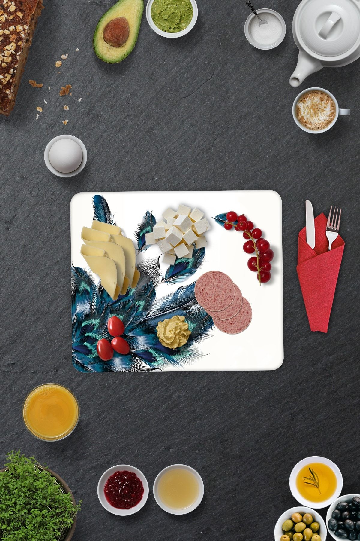 2'li Takım | Cam Tabak - Kahvaltı Tabağı - Pasta Tabağı | Plumas Desen | 29cm X 34cm