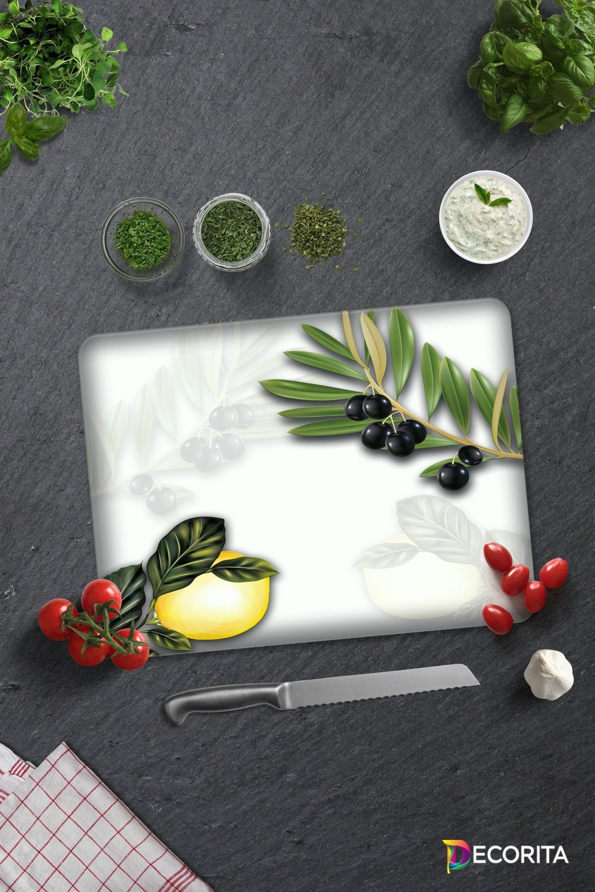 Zeytin Ve Limon Desen | Cam Kesme Tahtası - Cam Kesme Tablası | 30cm X 40cm