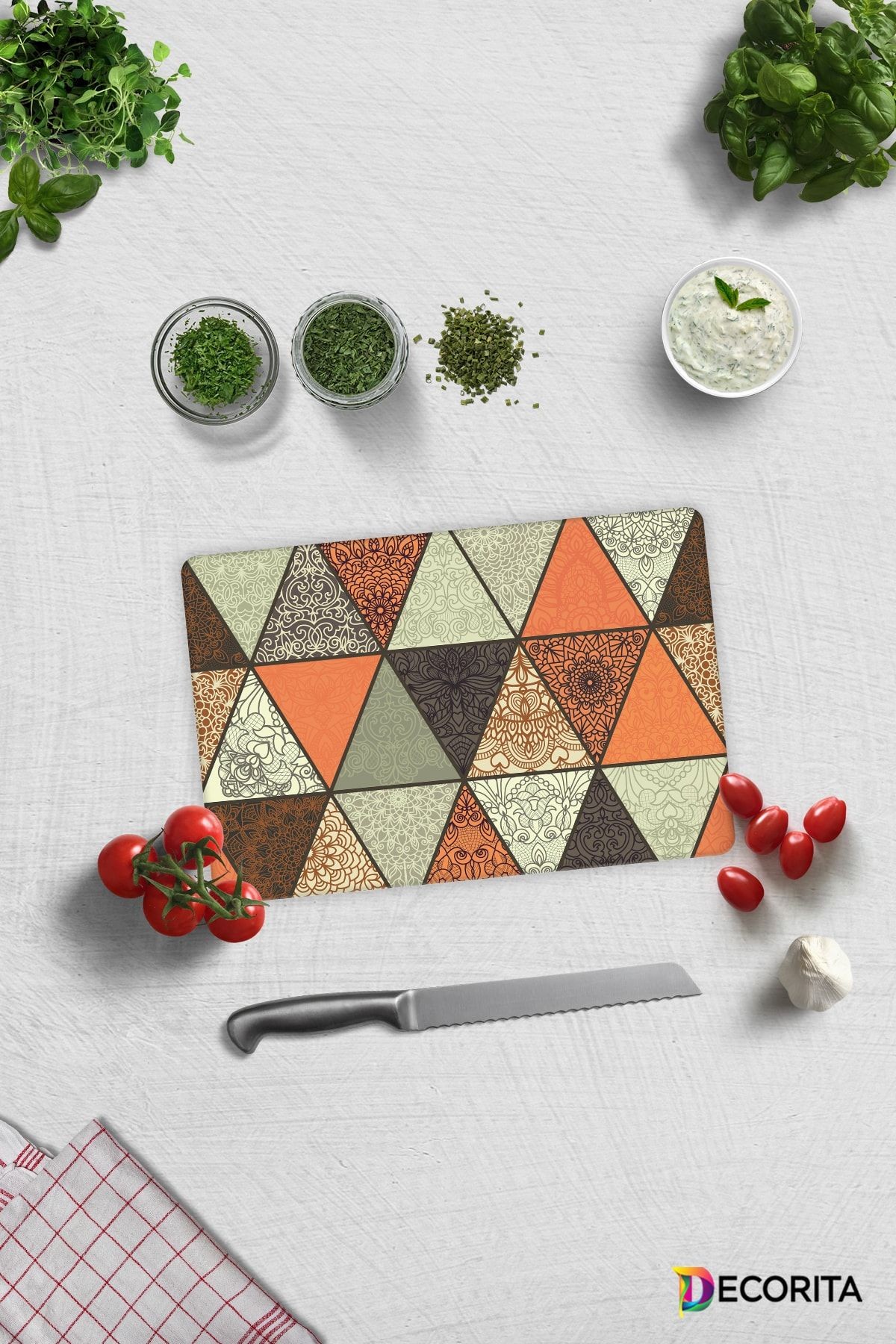 Toprak Tonları Mandala Desen | Cam Kesme Tahtası - Cam Kesme Tablası | 20cm X 30cm