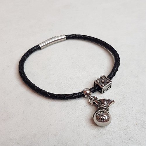 Ts000040  - Gerçek Deri, Para Kesesi Şans Deri + P.Çelik El İşi/Tasarım Erkek Bileklik 6 Cm İç Çap