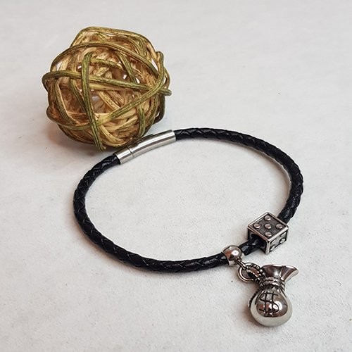 Ts000040  - Gerçek Deri, Para Kesesi Şans Deri + P.Çelik El İşi/Tasarım Erkek Bileklik 6 Cm İç Çap