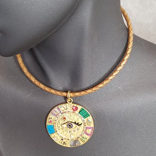 Ts000005  -  Altın Renk Gerçek Deri, Tılsım Tasma Kolye Deri + 925 Ayar El İşi/Tasarım Kadın Kolye 33 Cm